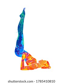 Abstract young woman is engaged in yoga or Pilates, doing exercises from splash of watercolors. Vector illustration of paints