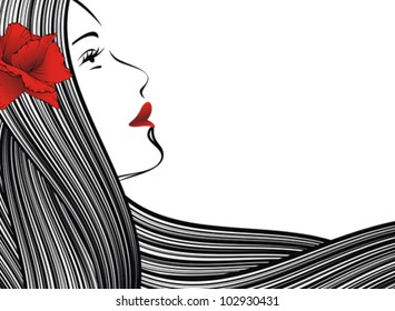 abstract young woman face, red flower and strip decorated