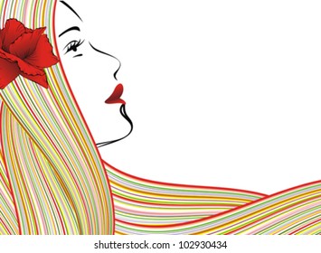 abstract young woman face, red flower and colorful strip decorated