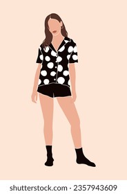 abstract young woman in pajamas, lady in comfy sleepwear, beautiful girl in loungewear, stay home and self-care concept, isolated vector illustration