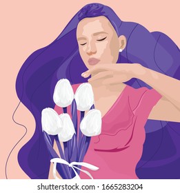 Abstract young woman with purple hair holding white tulip flowers. Colorful spring Vector