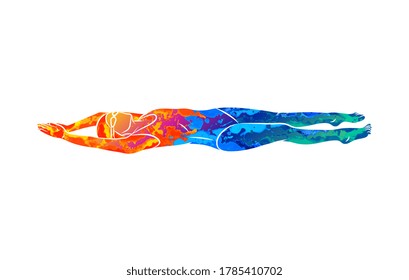 Abstract young woman is swimming on her back from splash of watercolors. Vector illustration of paints. Backstroke