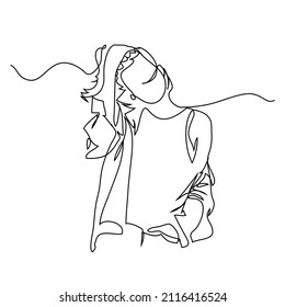 Abstract young woman wearing casual off-season urban clothes and walking streets, hand drawn modern fashion illustration, quick sketch, vector illustration with copyspace for advertising message