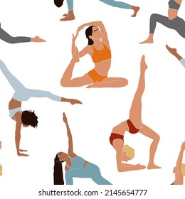 Abstract young women exercising yoga seamless pattern. Do yoga meditation practice cartoon style. Exercise workout background. Healthy lifestyle morning fitness activities pictures. Calmness, relax.