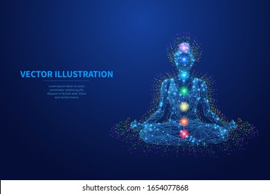 Abstract young women seats in lotos position and meditates. Low poly wireframe digital yoga and meditation concept. Vector colorful illustration of chakras. Polygons, particles and connected dots.