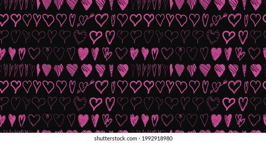 Resumen del patrón juvenil. Papel de envoltura de regalo. CORAZONES EN UN FONDO NEGRO. Ilustración del vector NEON STYLE.
