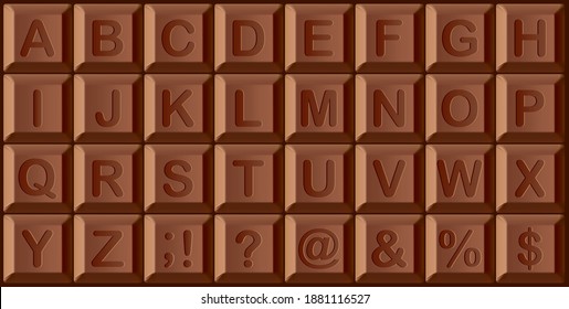 Abstract yummy black cacao milk choco cooking treat nutrition typeset Latin decor draw set. Close up top macro view square tile block child cartoon confection cake pastry logo emboss effect typeface