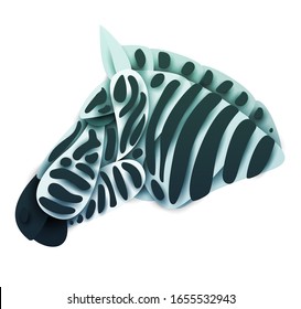 Abstract zebra head isolated on white background. Creative 3d concept in craft paper cut style. Colorful minimal design character. Original vector cartoon illustration.