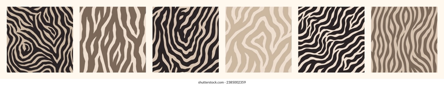 Abstract Zebra Seamless Patterns Set in Trendy Neutral Beige Colors. Vector Minimal Tiger Stripes in Contemporary Collage Style for Print on Textile, Paper, Fabric, Wallpaper