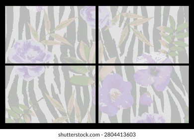 Abstract Zebra Stripe Pattern Background with Soft Pastel Purple Flowers Overlay Vector