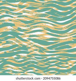 Abstract  Zebra Stripes Seamless Pattern with Ink Stains Brush Strokes green Background Sea surface coloured in blue, light waves.