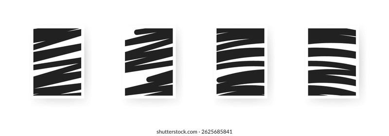 Conjunto de póster de estilo cebra Abstractas con rayas negras llamativas de trazo de pincel.
Diseño gráfico monocromático en diseño de patrones expresivos