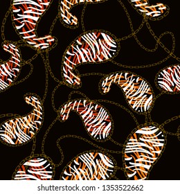 abstract zebra texture with golden chains on a black background