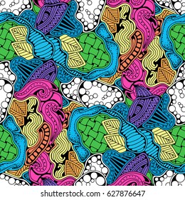 Abstract zen art doodle native seamless pattern. Waves, leaves and different textures
