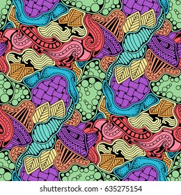 Abstract zen art doodle native seamless pattern. Waves, leaves and different textures colorful background.