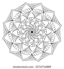 Abstract zen mandala with swirls in the center, meditative coloring page vector illustration for activity and design