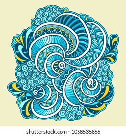 Abstract Zen tangle Zen doodle marine composition from shells blue orange white for template of coloring page or adult coloring books or for decoration T shirt or for print and others