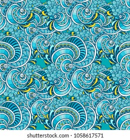 Abstract Zen tangle Zen doodle marine seamless pattern from shells blue orange for decoration clothes package   or for print and others