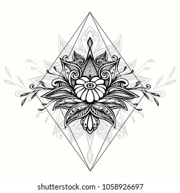 Abstract Zen tangle Zen doodle  symbol in Boho Indian Asian Ethno  style for tattoo black on white or  for decoration T-shirt or for coloring page or adult coloring book