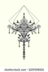 Abstract Zen tangle Zen doodle  symbol in Boho Indian Asian Arabic Ethnic  style for tattoo black on white for decoration T-shirt or for coloring page or adult coloring book