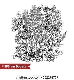 Abstract Zen Tangle hand drawn doodle vector illustration of whimsical flowers, leaves, floral fantasy shapes and elements with ink pen grunge texture. For graphic design, posters, cards, print
