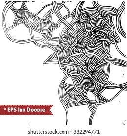 Abstract Zen Tangle hand drawn doodle vector illustration of whimsical floral fantasy shapes and elements with ink pen grunge texture. For graphic design, posters, banners, cards, print, web