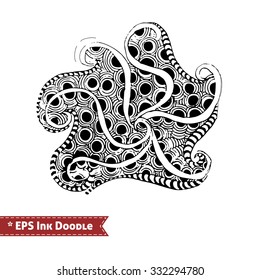 Abstract Zen Tangle hand drawn doodle tentacles vector illustration of whimsical floral fantasy shapes and elements with ink pen grunge texture. For graphic design, posters, banners, cards, print, web
