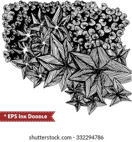 Abstract Zen Tangle hand drawn doodle vector illustration of whimsical floral fantasy shapes and elements with ink pen grunge texture. For graphic design, posters, banners, cards, print, web