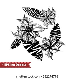 Abstract Zen Tangle hand drawn doodle vector illustration of whimsical flowers, leaves, floral fantasy shapes and elements with ink pen grunge texture. For graphic design, posters, cards, print