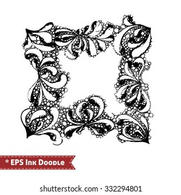 Abstract Zen Tangle hand drawn paisley doodle, frame vector illustration of whimsical floral fantasy shapes and elements with ink pen grunge texture. For graphic design, posters, banners, cards, print