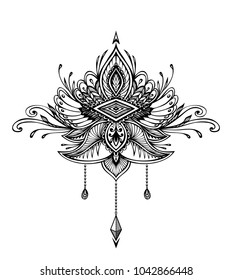 Abstract Zen tangle Zendoodle  symbol in Boho Indian Asian Ethno  style for tattoo black on white for decoration T-shirt or for coloring page or adult coloring book