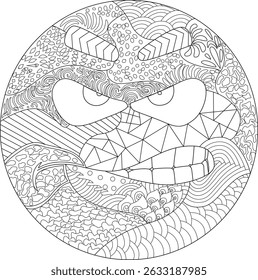 Abstract Zentangle Angry Emoji Coloring Page, Black and white line art illustration of an angry emoji face filled with intricate abstract patterns, perfect for adult coloring books or decorative