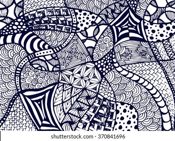 Abstract zentangle background. Tangled ornament on white. Zentangle ornament. Vector abstract zentnagle. Abstract doodles ornament. Boho zentangle surface. Colorbook page. Zentangle art.