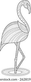 Abstract Zentangle Flamingo Coloring Page, Detailed black and white line art illustration of a standing flamingo filled with abstract, zentangle-inspired patterns. Perfect for adult coloring books,