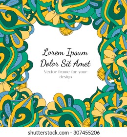 Abstract zentangle floral frame background. Doodle perfect for cards, invitations, wedding, brochure, flyer. Indian east style. Place for text or message. Ornament for design. Vector illustration.