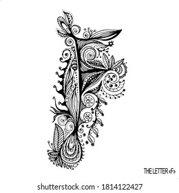 Abstract zentangle illustration with hand drawn  letter F. Black and white vector frame with line art. Elements isolated on white background.