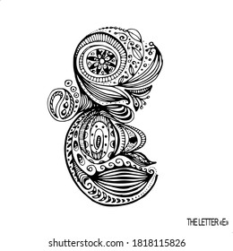 Abstract zentangle illustration with hand drawn  letter E. Black and white vector frame with line art. Elements isolated on white background.