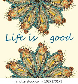 Abstract zentangle inspired art card design with doodle in bright colors.