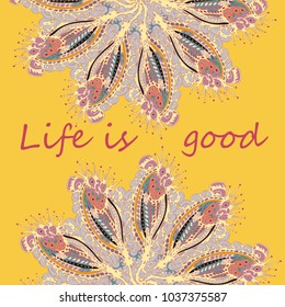 Abstract zentangle inspired art card design with doodle in bright colors.