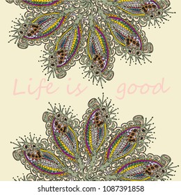 Abstract zentangle inspired art card design with doodle in bright colors.