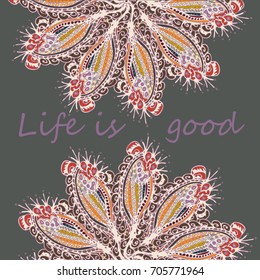 Abstract zentangle inspired art card design with doodle in bright colors.