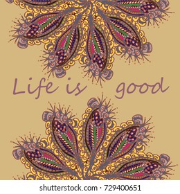 Abstract zentangle inspired art card design with doodle in bright colors.