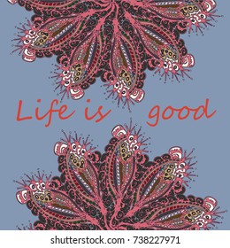 Abstract zentangle inspired art card design with doodle in bright colors.