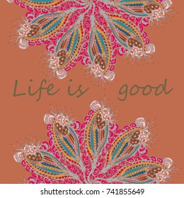 Abstract zentangle inspired art card design with doodle in bright colors.