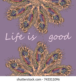 Abstract zentangle inspired art card design with doodle in bright colors.