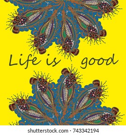 Abstract zentangle inspired art card design with doodle in bright colors.