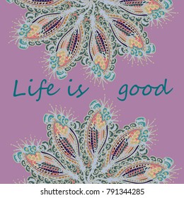 Abstract zentangle inspired art card design with doodle in bright colors.