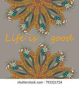 Abstract zentangle inspired art card design with doodle in bright colors.