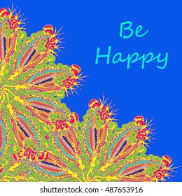 Abstract zentangle inspired art tracery card design with doodle in bright colors.