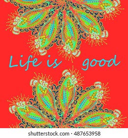 Abstract zentangle inspired art tracery card design with doodle in bright colors.